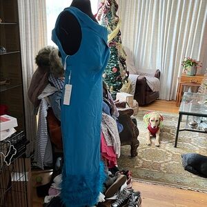 Fashion Nova Blue Dress with Feather Hem